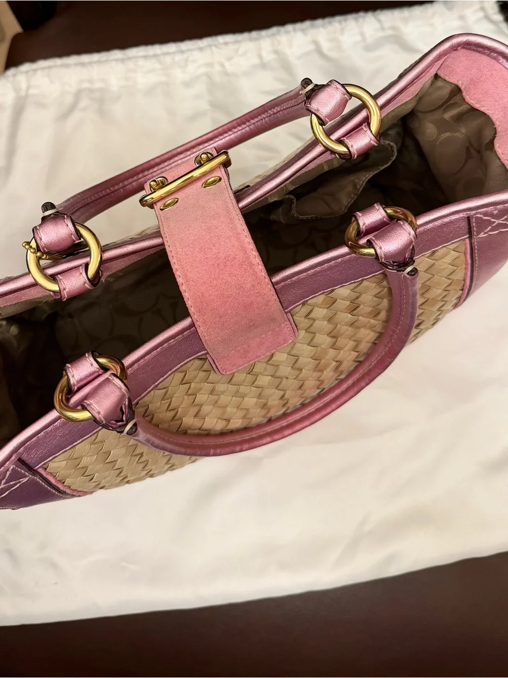 Vintage Coach Summer Satchel w/ Pink Metallic Leather, Suede & Gold Hardware